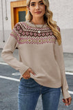 WOMEN BOHEMIAN PATTERNED RIBBED NECK PULLOVER - Doublju