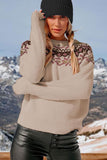 WOMEN BOHEMIAN PATTERNED RIBBED NECK PULLOVER - Doublju