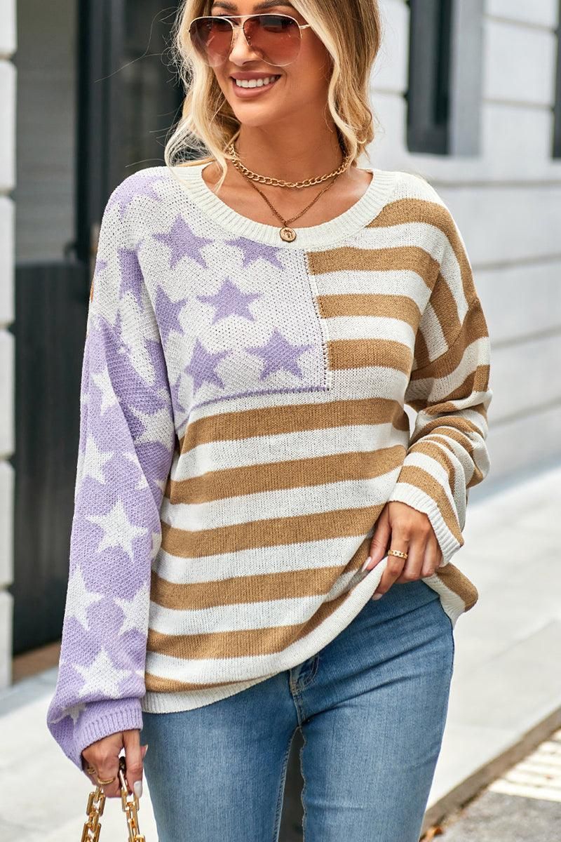 WOMEN STARS AND STRIPES OVERSIZED SWEATER - Doublju