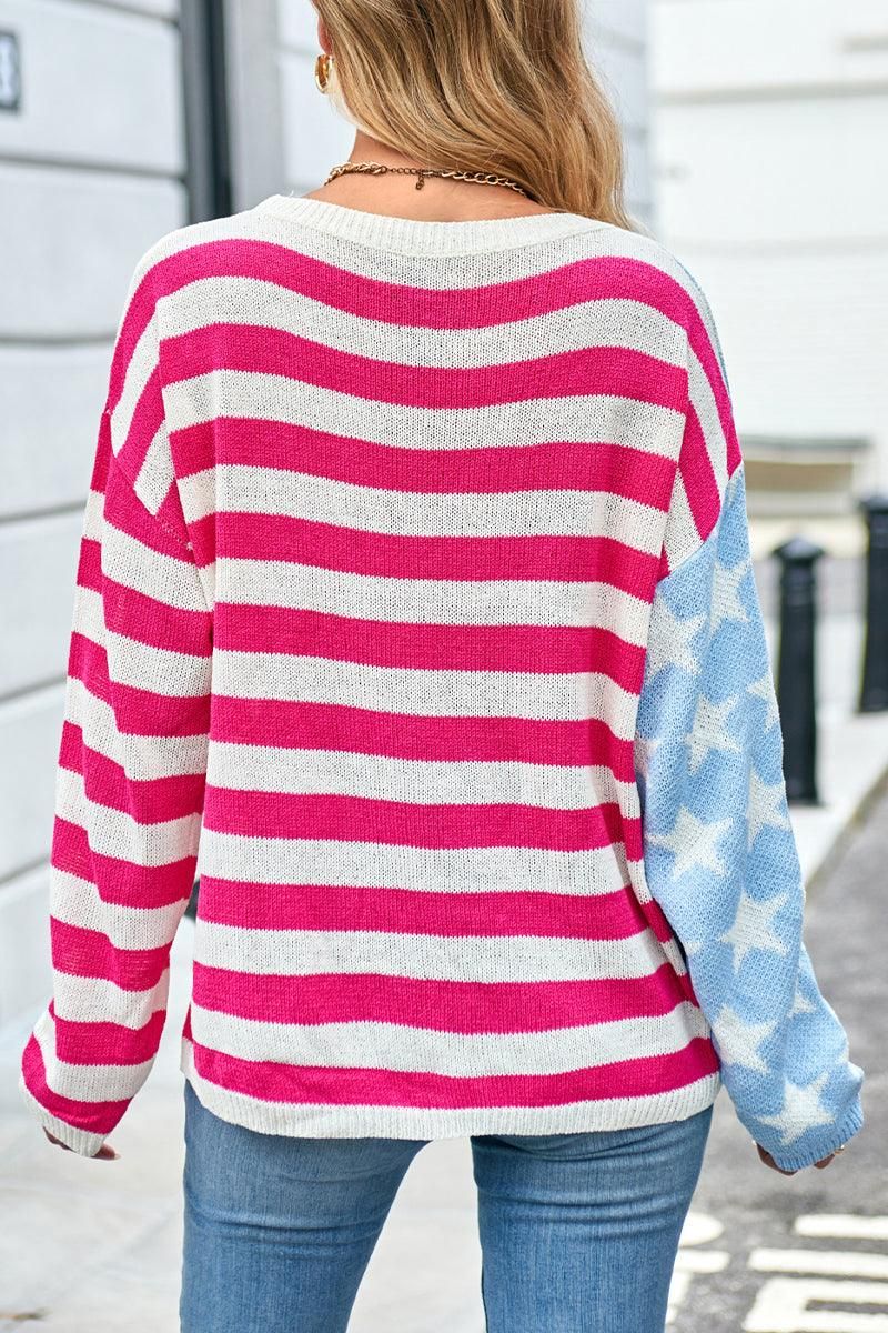 WOMEN STARS AND STRIPES OVERSIZED SWEATER - Doublju