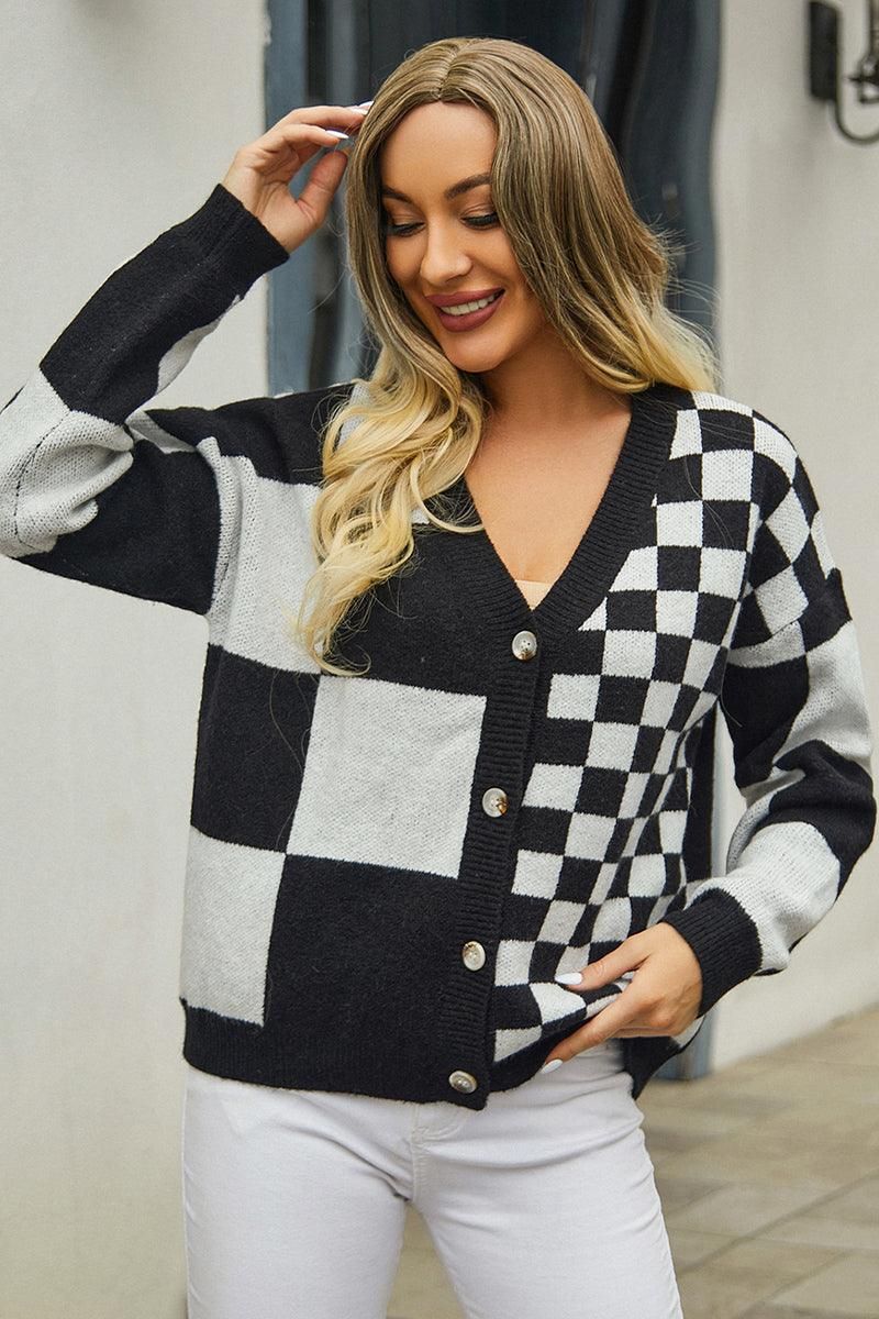 PLAID PATTERN BUTTONED KNIT CARDIGAN FOR WOMEN - Doublju