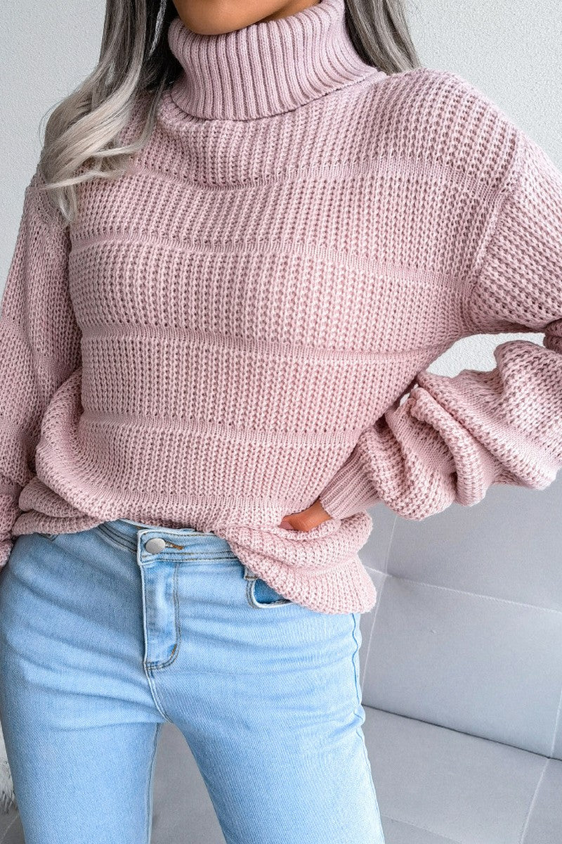 WOMEN CABLE KNITTED TURTLE NECK LOOSE FIT SWEATER