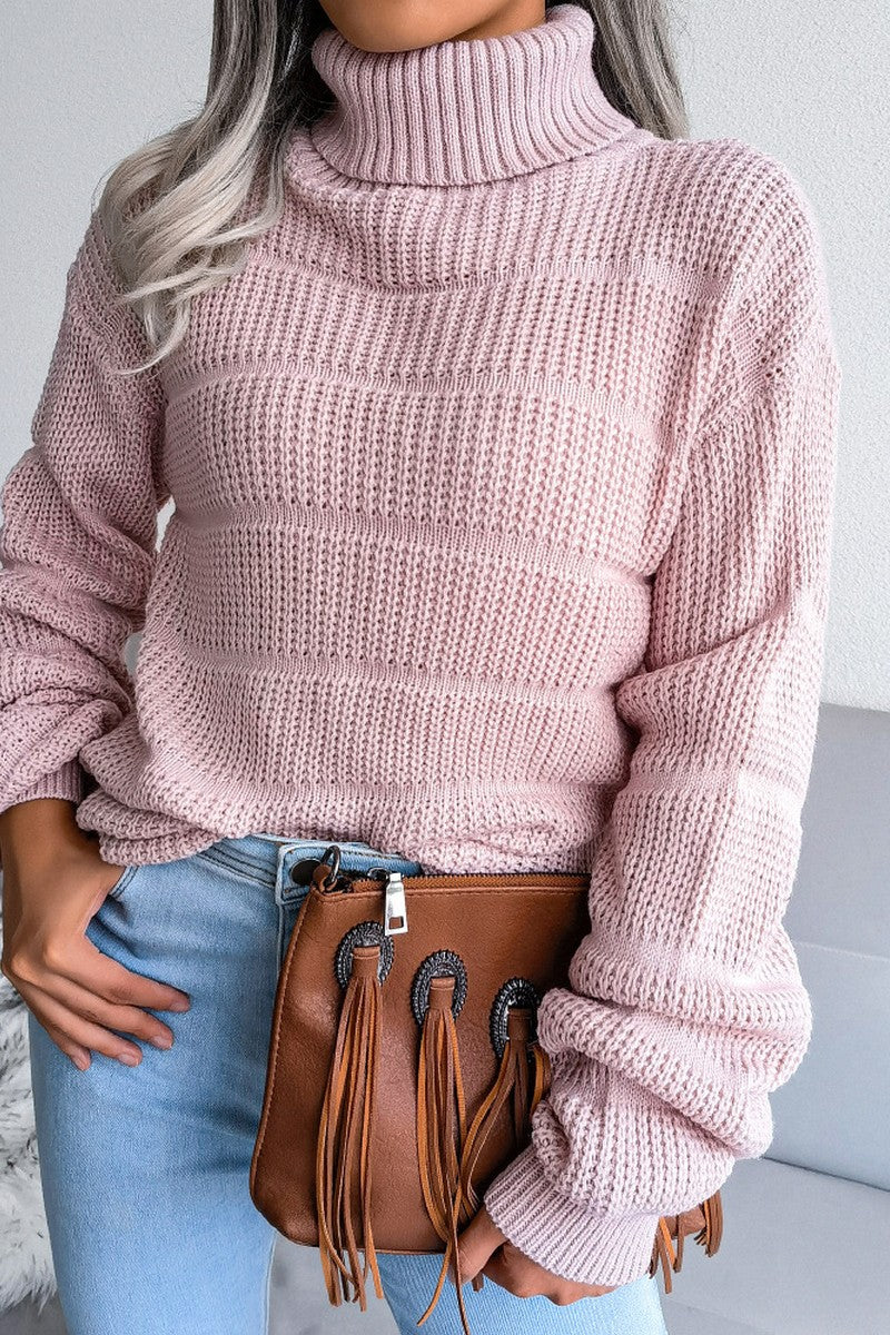 WOMEN CABLE KNITTED TURTLE NECK LOOSE FIT SWEATER