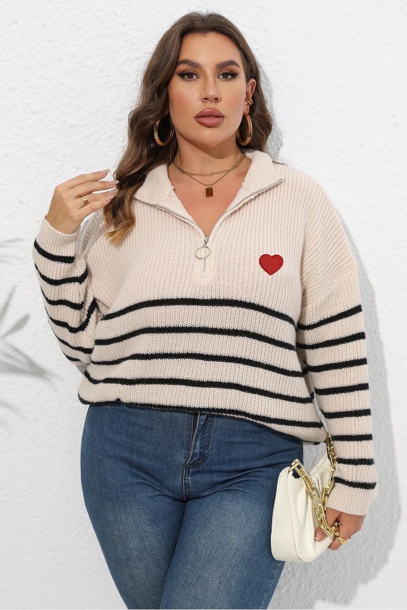 WOMEN HALF ZIP UP NECK PLUS SIZE STRIPE SWEATER