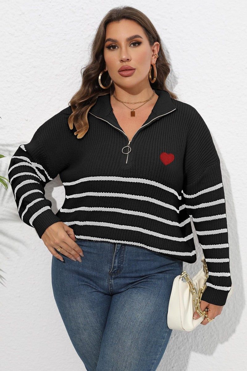 WOMEN HALF ZIP UP NECK PLUS SIZE STRIPE SWEATER