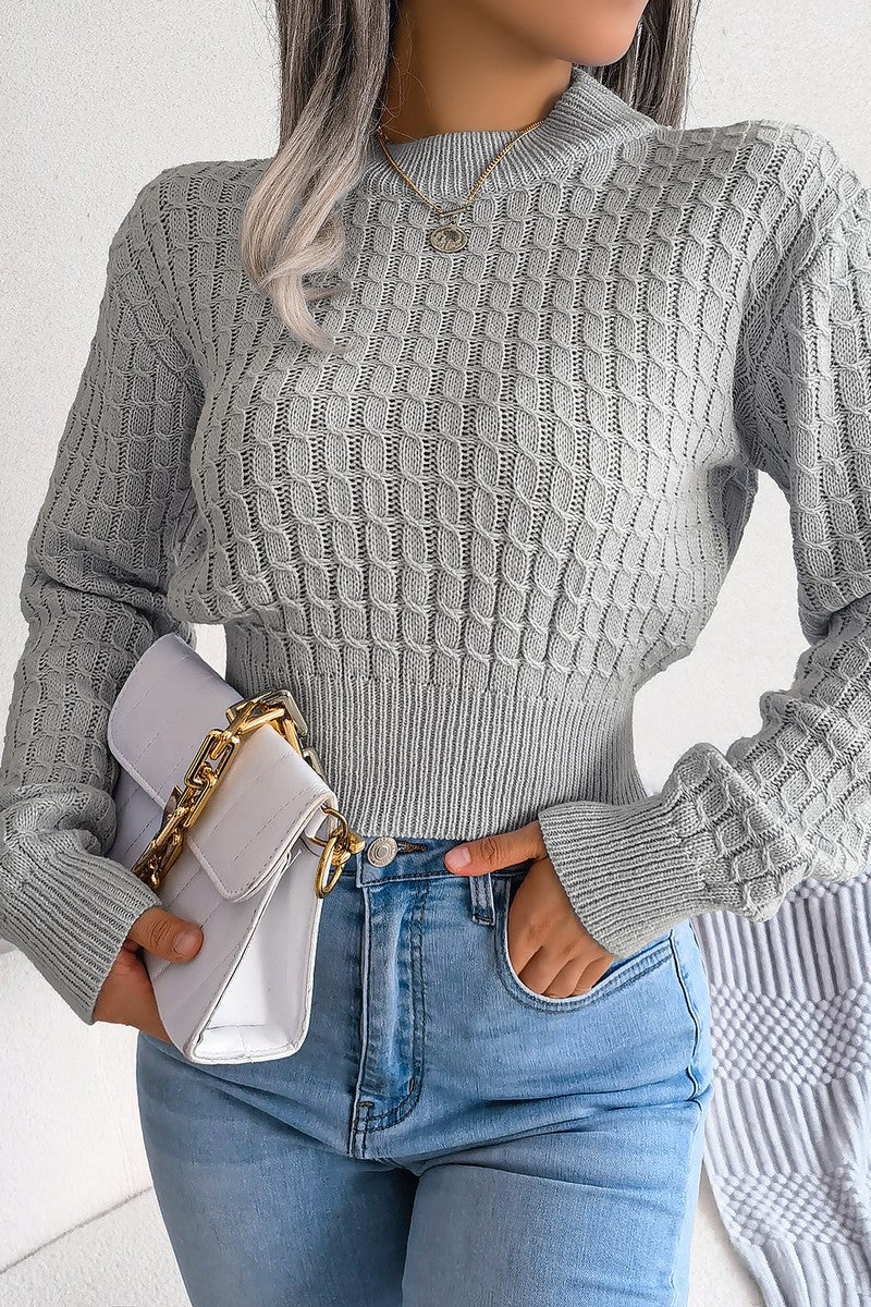 TWIST CHUNKY CABLE KNIT RIBBED CROP SWEATSHIRT