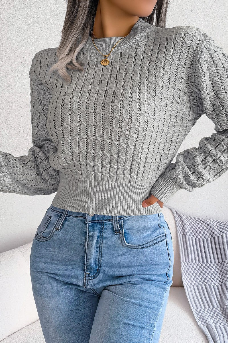 TWIST CHUNKY CABLE KNIT RIBBED CROP SWEATSHIRT