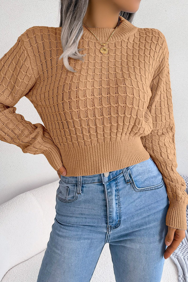 TWIST CHUNKY CABLE KNIT RIBBED CROP SWEATSHIRT