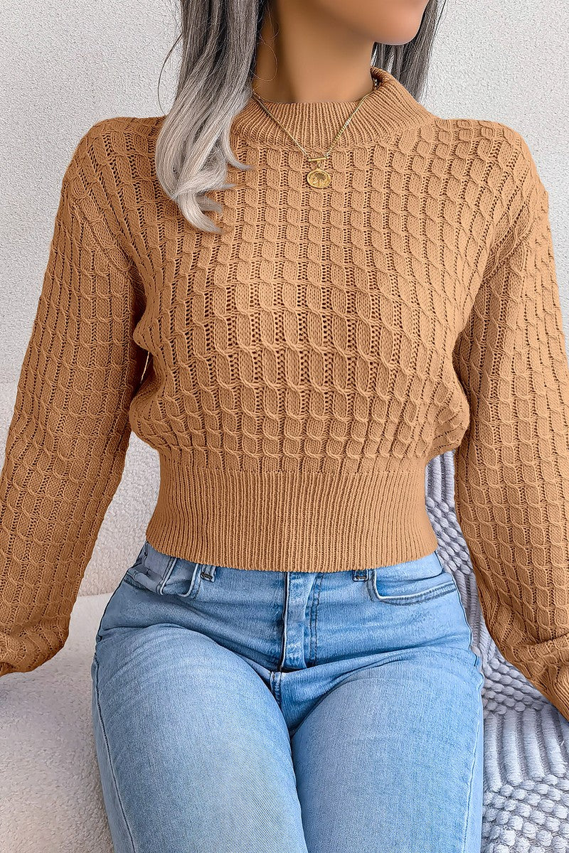 TWIST CHUNKY CABLE KNIT RIBBED CROP SWEATSHIRT