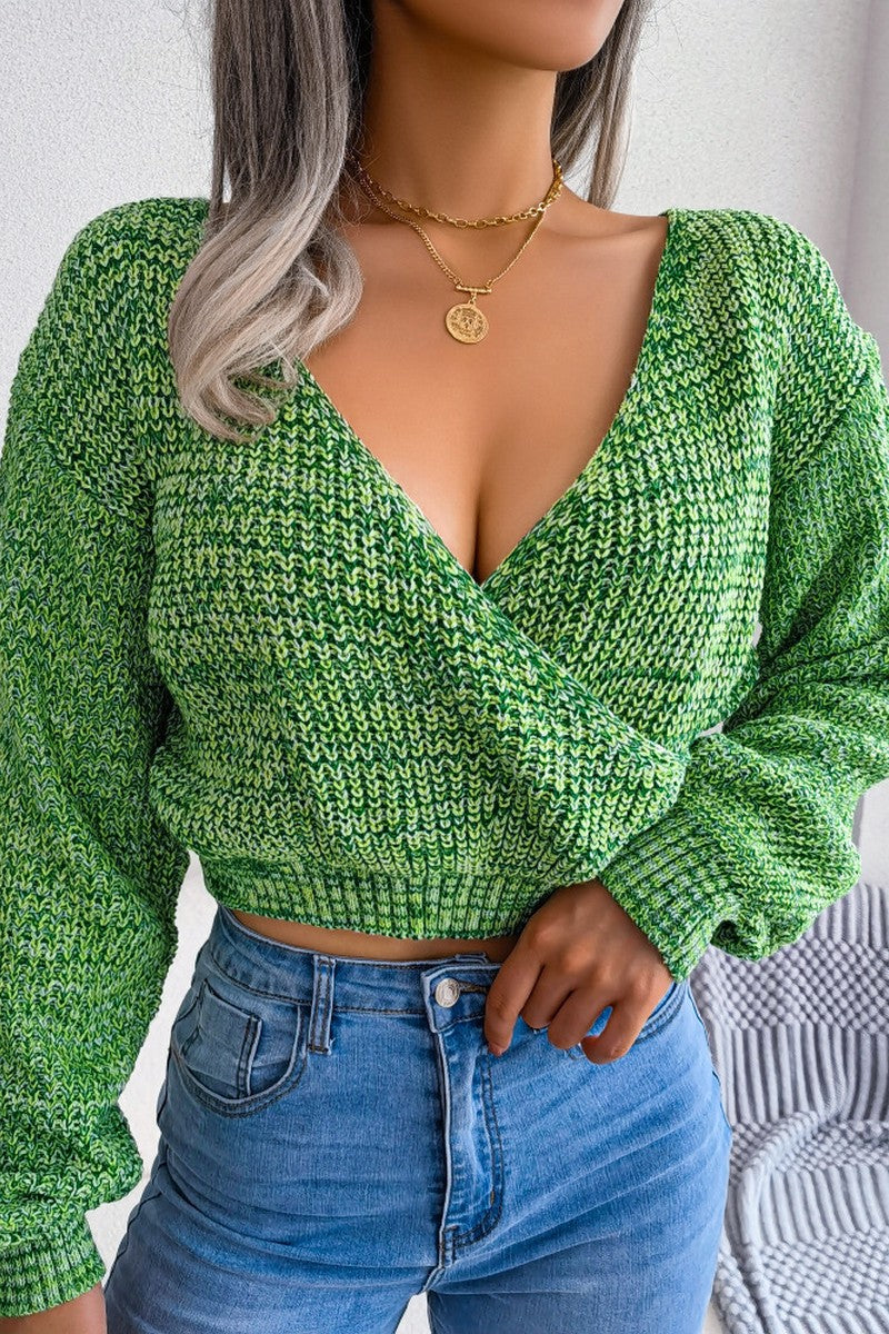 WOMEN SEXY V NECK KNITTED CROP WRAP SWEATSHIRT