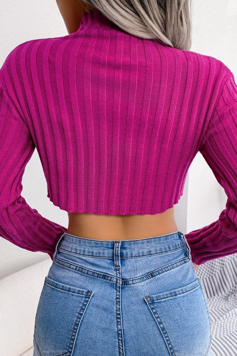 HIGH NECK CORDUROY SEXY CUT OUT WAIST CROP TOP