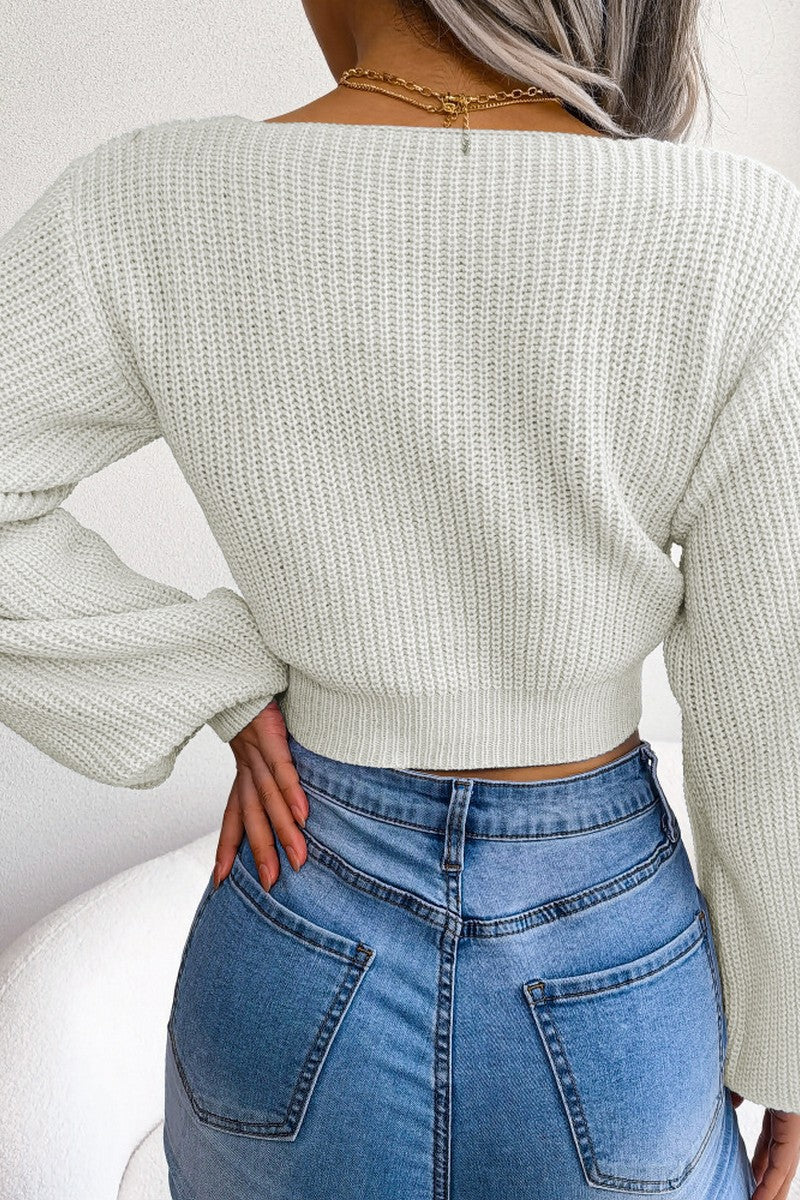 WOMEN FRONT BOW TIED SEXY CROP KNIT SWEATSHIRTS