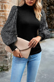 WOMEN GLOSSY PUFF SLEEVE HIGH NECK KNIT SWEATER