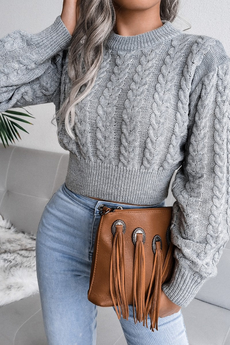 WOMEN CHUNKY CABLE KNIT RIBBED CROP SWEATER