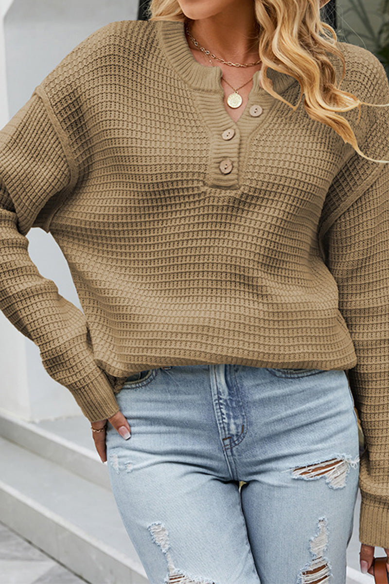 WOMEN HENLEY NECK WAFFLE KNITTED LOOSE SWEATER