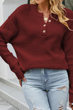 WOMEN HENLEY NECK WAFFLE KNITTED LOOSE SWEATER