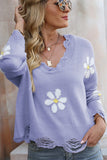 WOMEN VINTAGE DISTRESSED FLOWER PRINTNG SWEATER