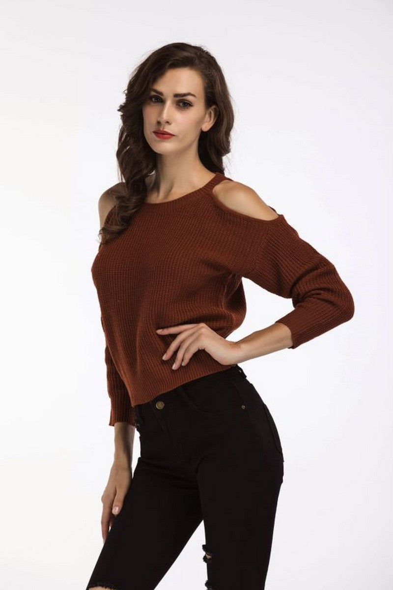 WOMEN SHOULDER CUT OUT LONG SLEEVE KNIT SWEATER