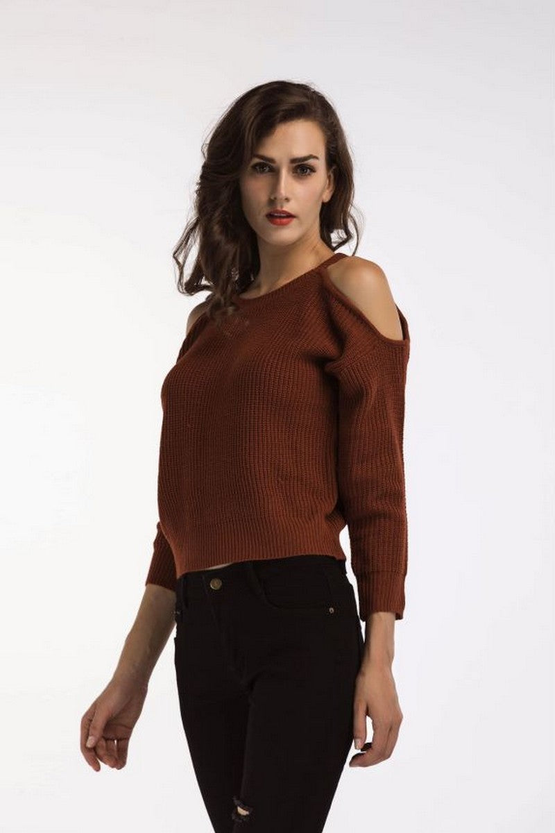 WOMEN SHOULDER CUT OUT LONG SLEEVE KNIT SWEATER