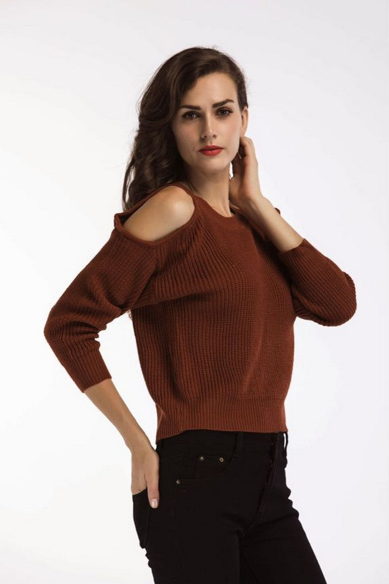 WOMEN SHOULDER CUT OUT LONG SLEEVE KNIT SWEATER