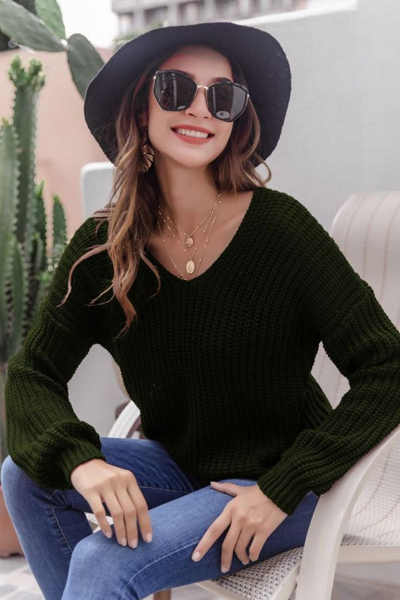 WOMEN CHUNKY KNITTED LOOSE FIT SOLID SWEATER