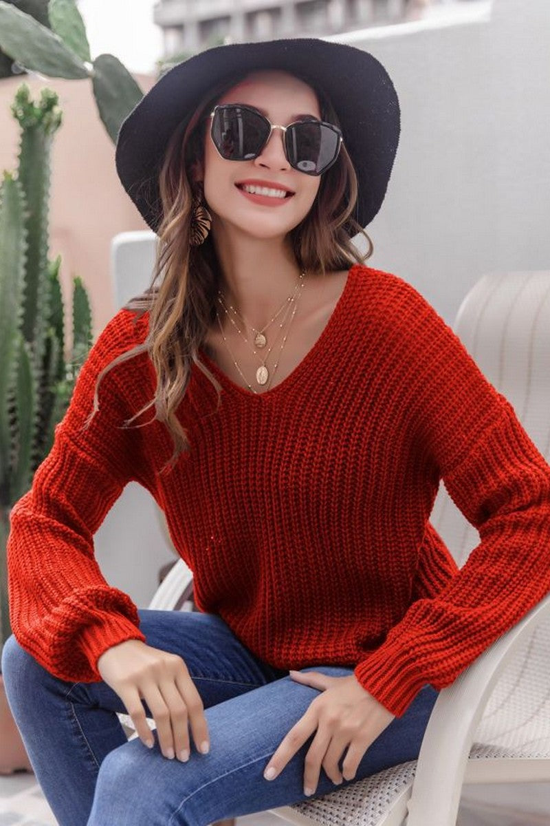 WOMEN CHUNKY KNITTED LOOSE FIT SOLID SWEATER