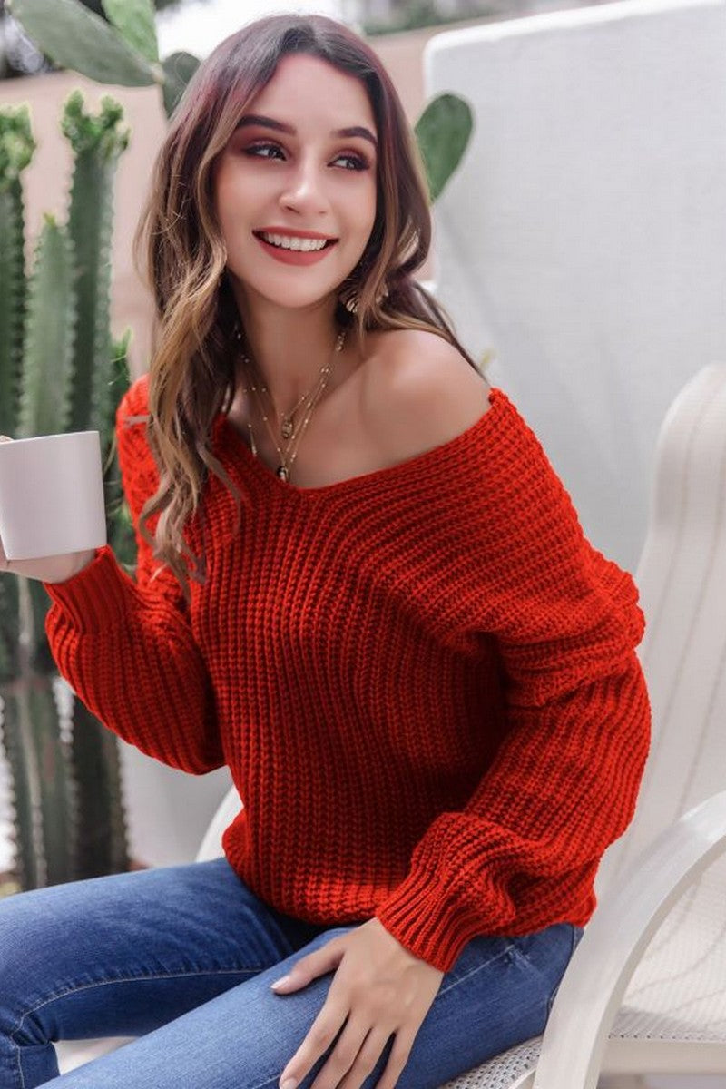 WOMEN CHUNKY KNITTED LOOSE FIT SOLID SWEATER