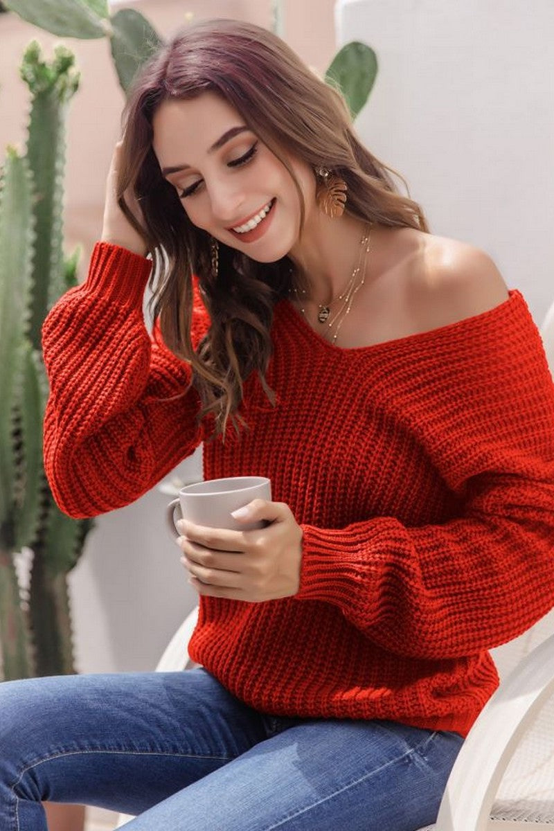 WOMEN CHUNKY KNITTED LOOSE FIT SOLID SWEATER