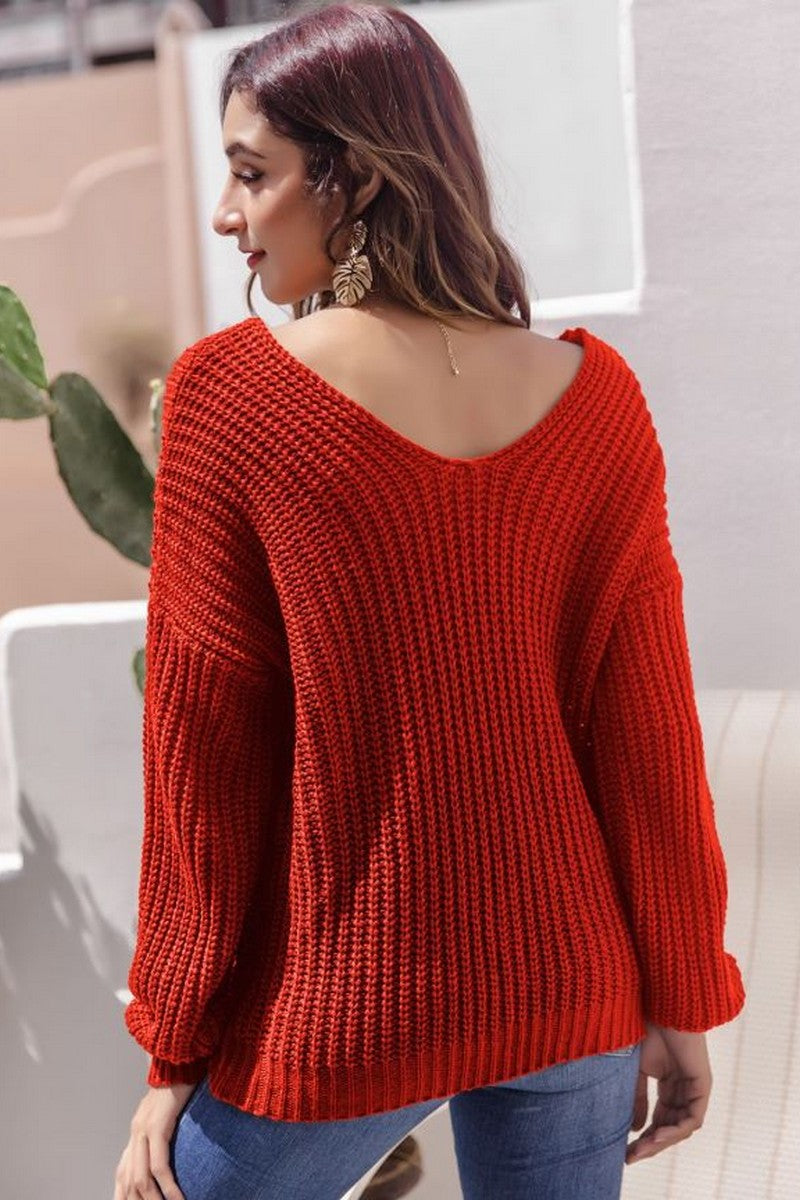 WOMEN CHUNKY KNITTED LOOSE FIT SOLID SWEATER