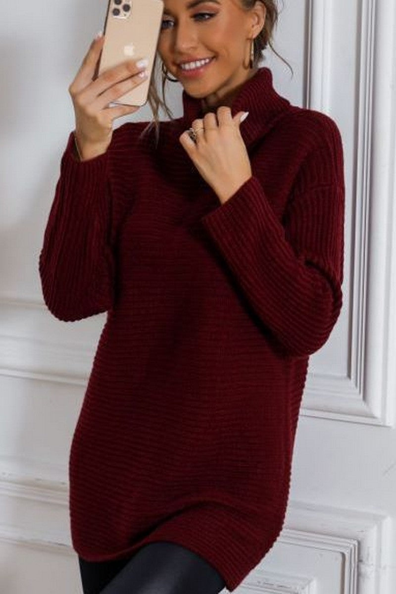 WOMEN LOOSE FIT TUNIC LENGTH HIGH NECK SWEATER