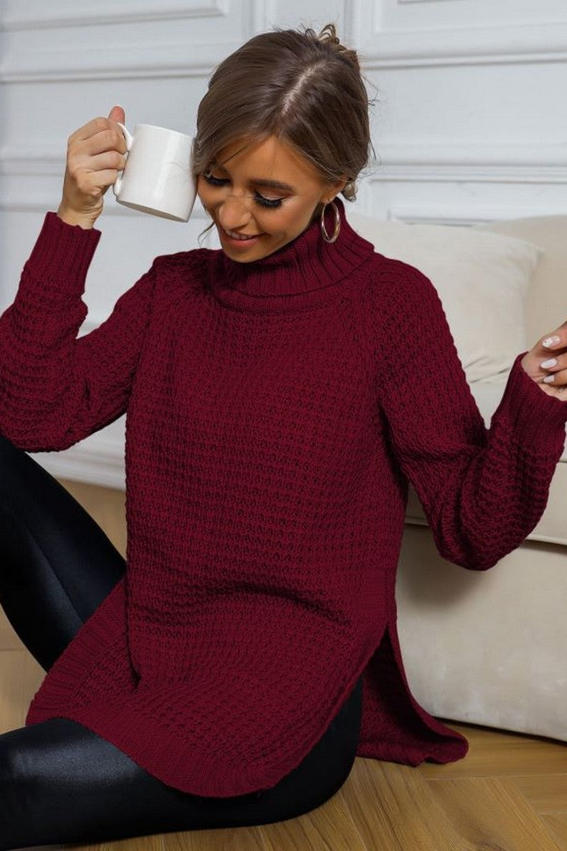 WOMEN WAFFLE KNIT TURTLE NECK SIDE SLIT SWEATER