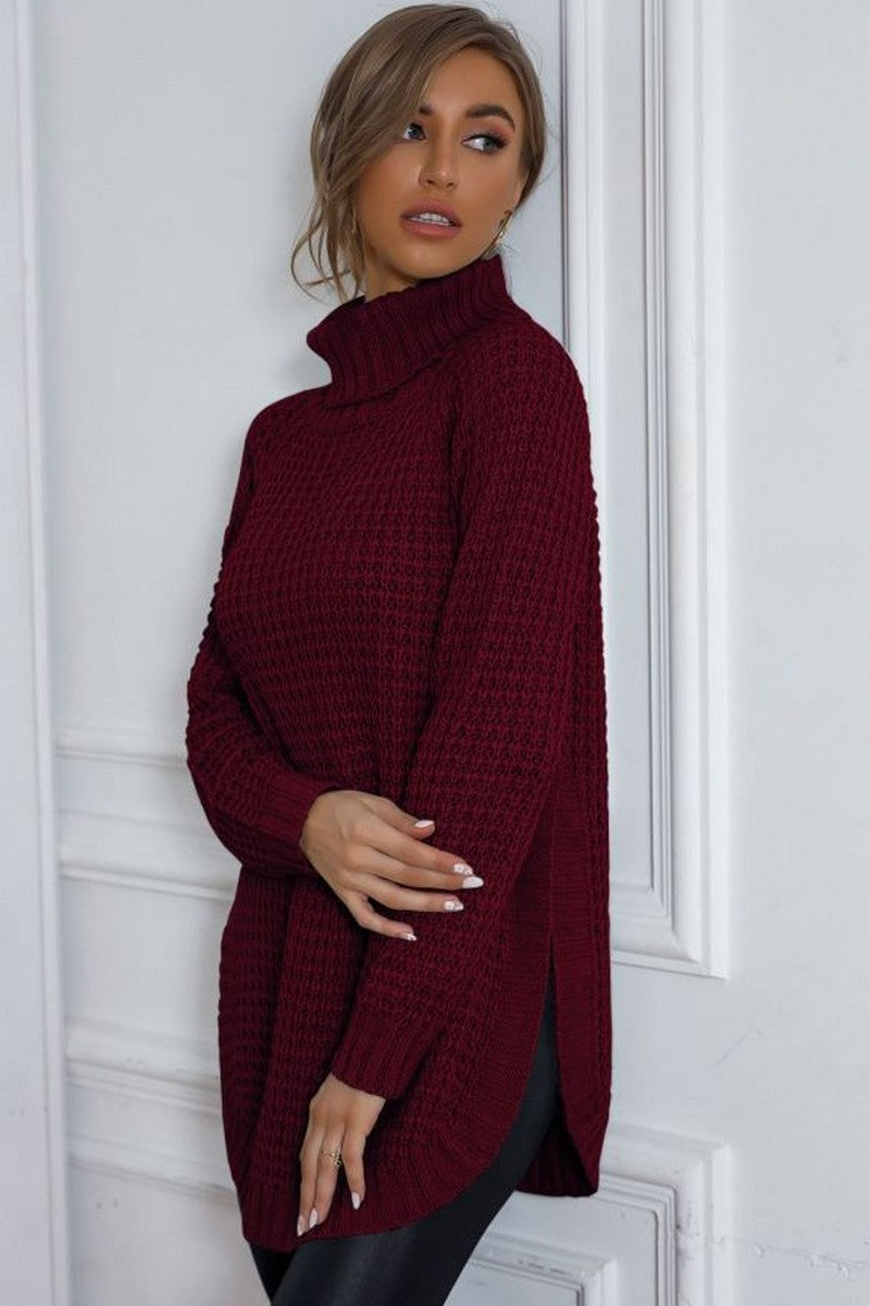 WOMEN WAFFLE KNIT TURTLE NECK SIDE SLIT SWEATER