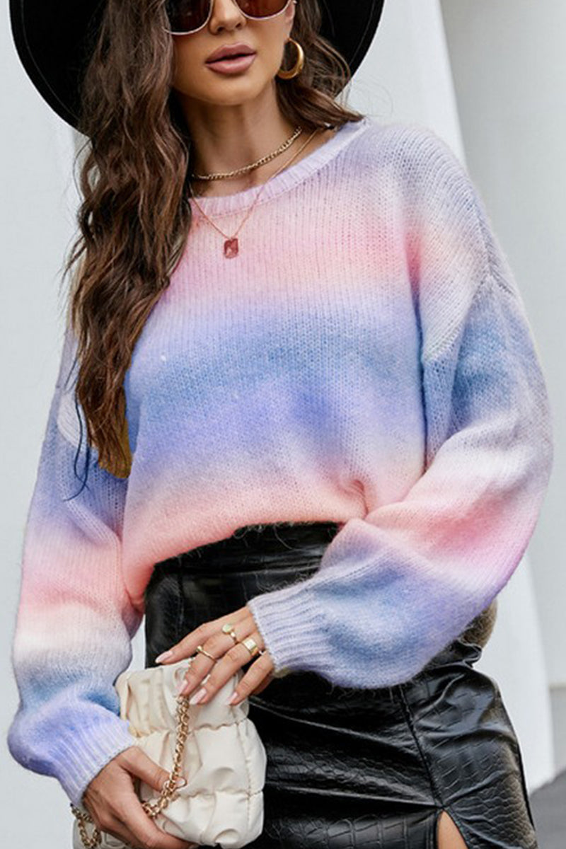 WOMEN GRADIENT COLORED RIBBED KNIT SWEATSHIRT