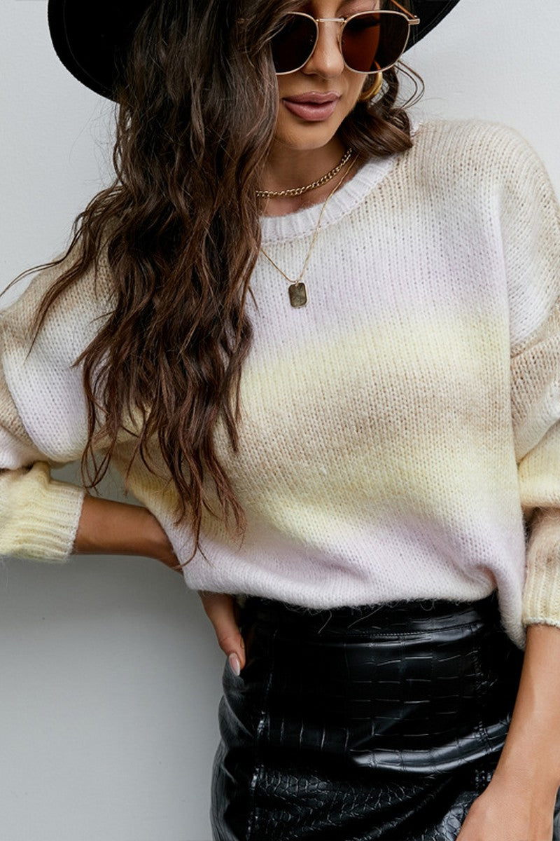 WOMEN GRADIENT COLORED RIBBED KNIT SWEATSHIRT