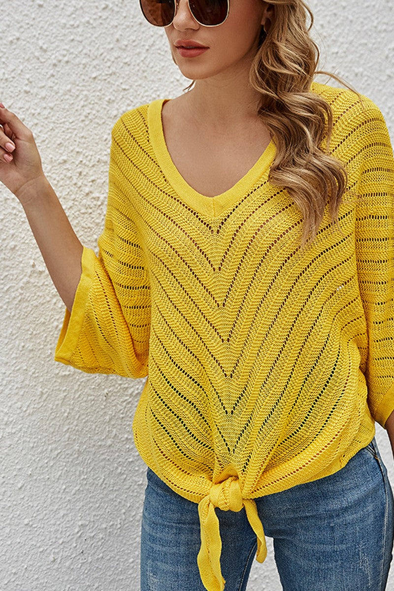 WOMEN PUNCHING KNIT LOOSE FIT TIED HEM KNIT TOP