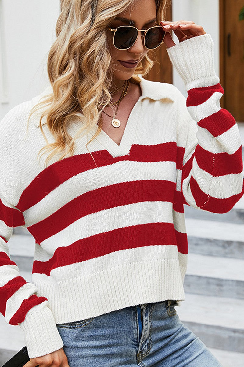 WOMEN COLLARED V NECK STRIPE PATTERN KNIT TOP