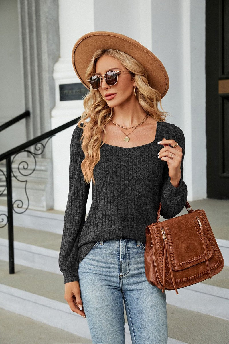 WOMEN SQUARE NECK CORDUROY KNIT SWEATSHIRT