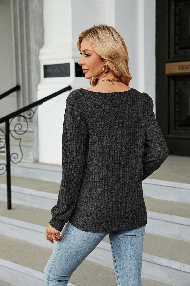 WOMEN SQUARE NECK CORDUROY KNIT SWEATSHIRT