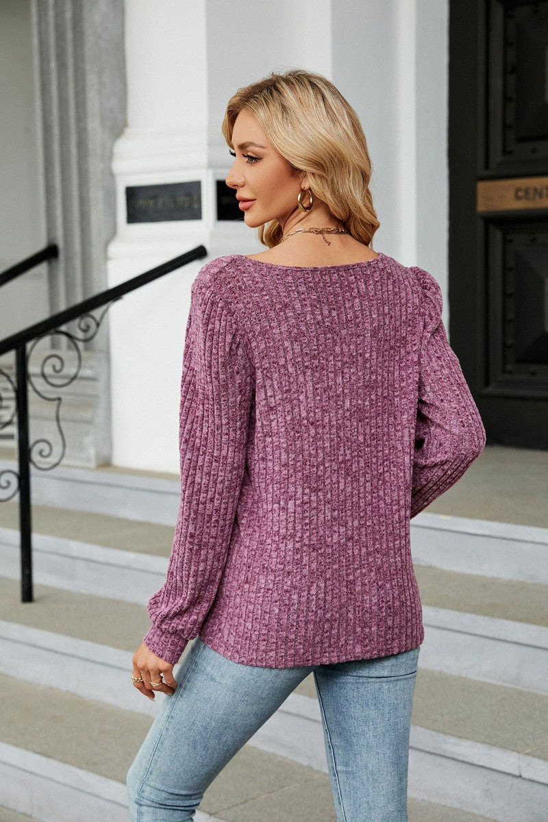 WOMEN SQUARE NECK CORDUROY KNIT SWEATSHIRT