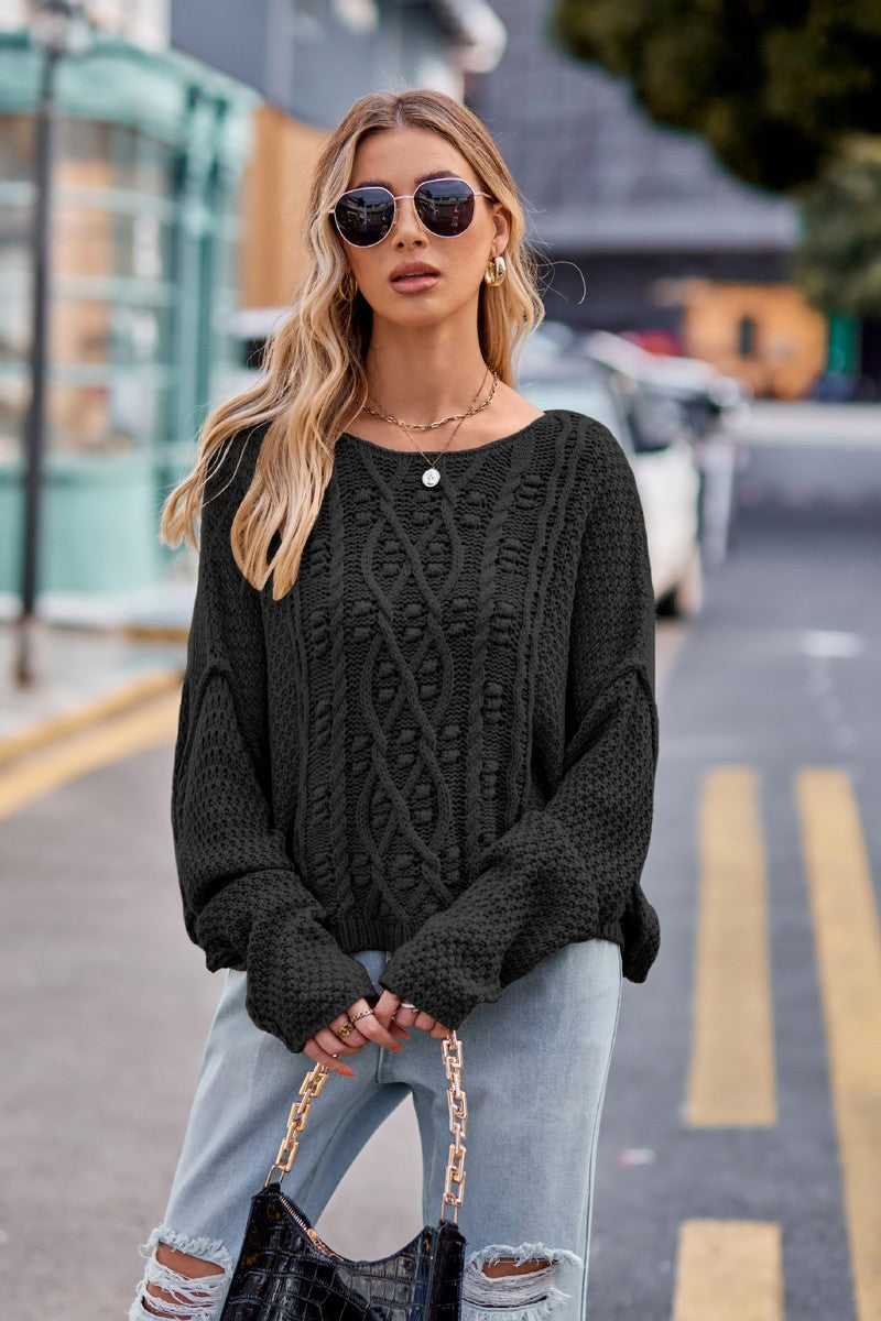 WOMEN LOOSE FIT ROUND NECK RIBBED KNIT SWEATER