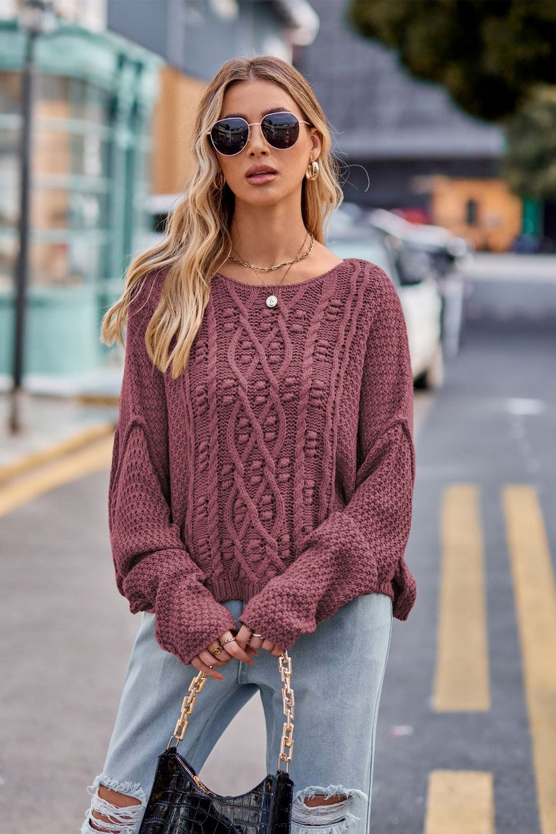 WOMEN LOOSE FIT ROUND NECK RIBBED KNIT SWEATER