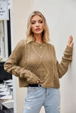 WOMEN CABLE KNITTED RIBBED ROUND NECK SWEAT TOP