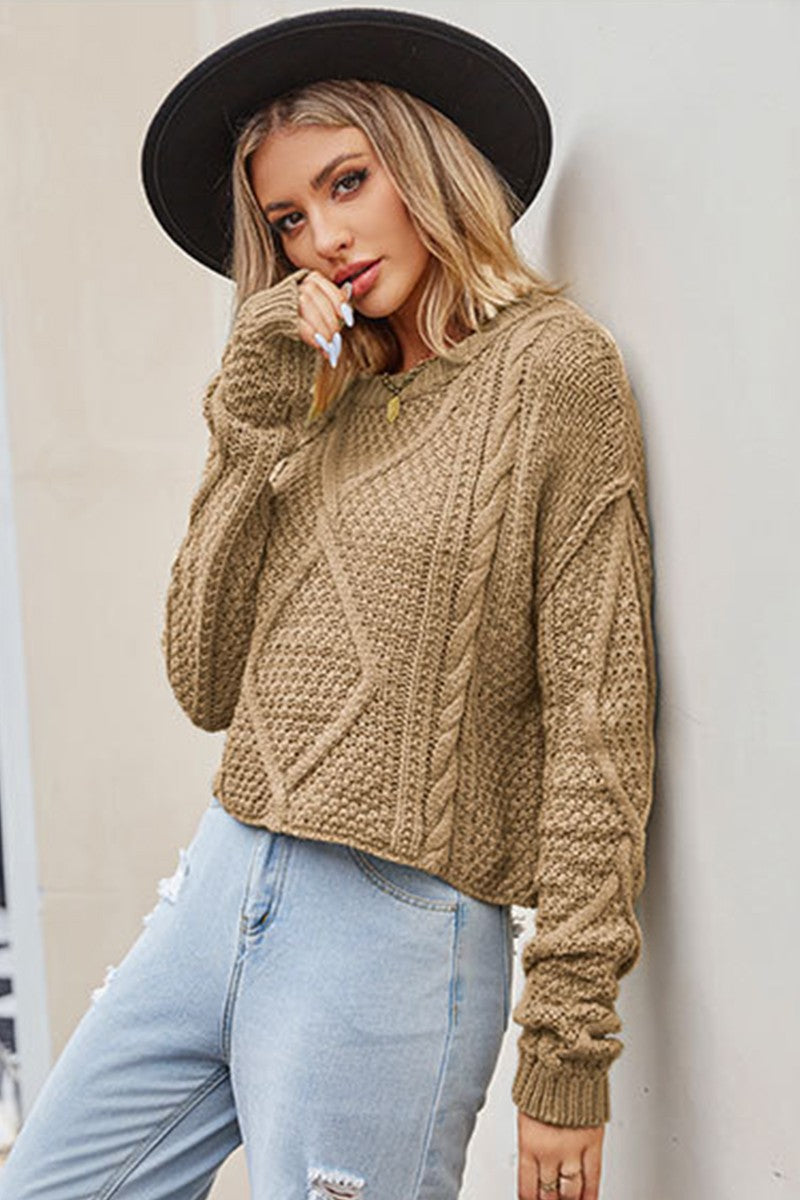 WOMEN CABLE KNITTED RIBBED ROUND NECK SWEAT TOP