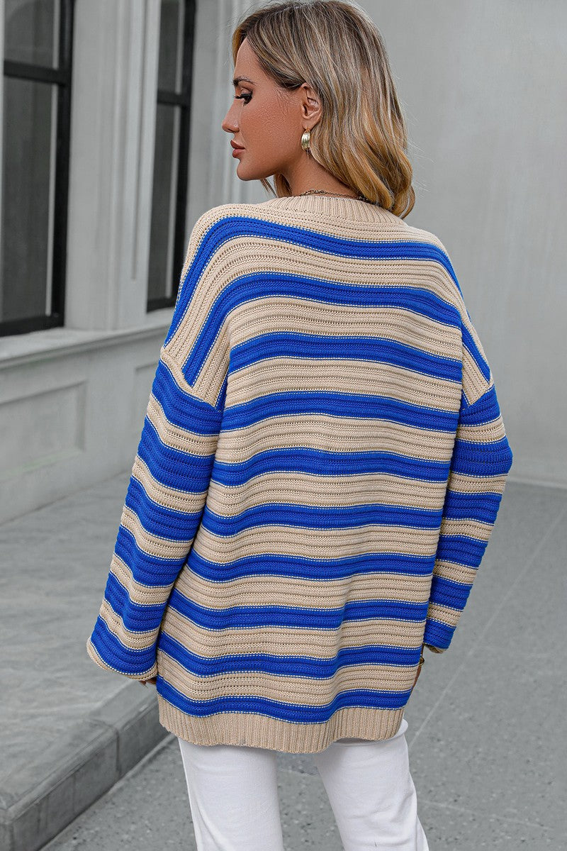 WOMEN OVERSIZED LOOSE FIT STRIPE RIBBED SWEATER