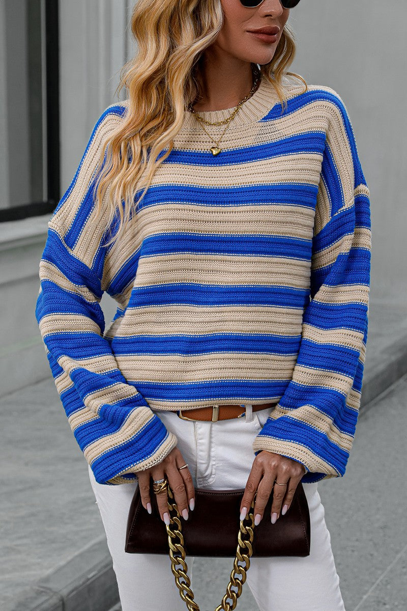 WOMEN OVERSIZED LOOSE FIT STRIPE RIBBED SWEATER