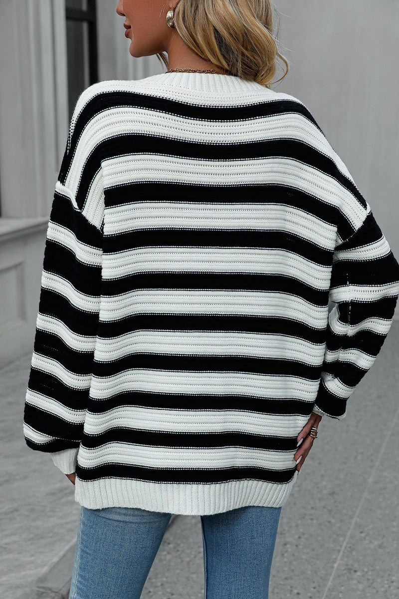 WOMEN OVERSIZED LOOSE FIT STRIPE RIBBED SWEATER