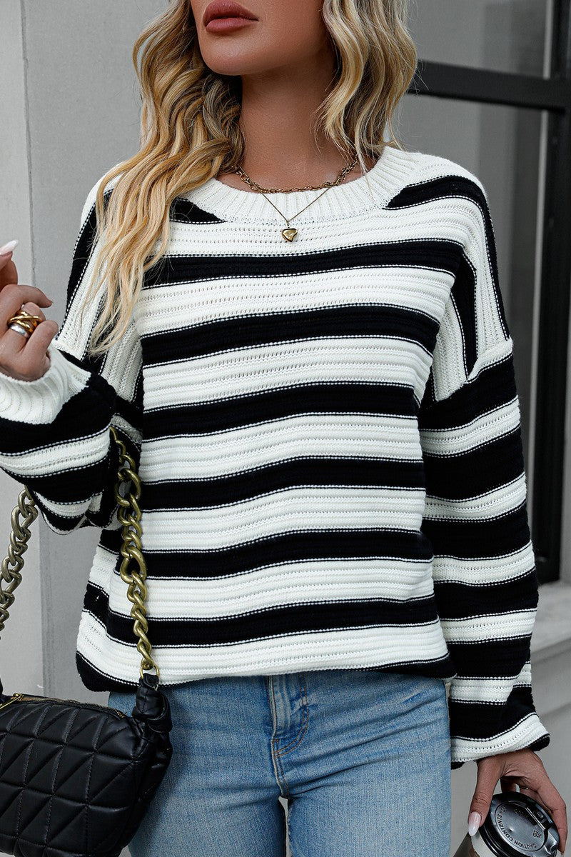 WOMEN OVERSIZED LOOSE FIT STRIPE RIBBED SWEATER