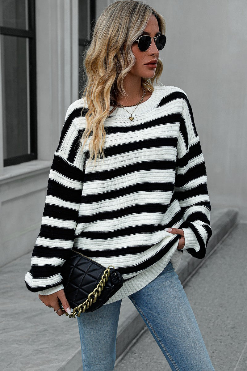 WOMEN OVERSIZED LOOSE FIT STRIPE RIBBED SWEATER