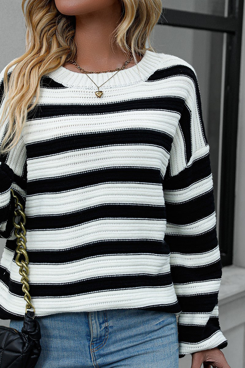 WOMEN OVERSIZED LOOSE FIT STRIPE RIBBED SWEATER