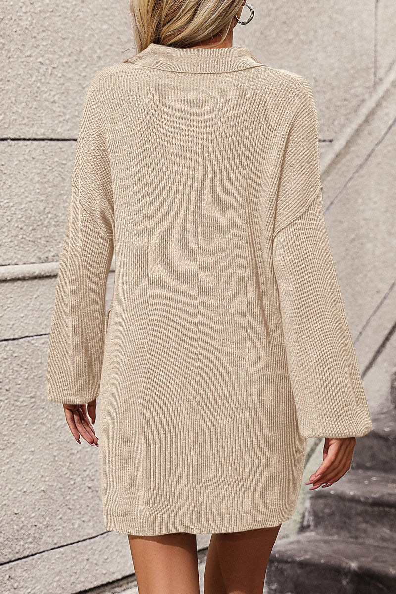 WOMEN COLLARED HENLEY NECK LONG SLEEVE KNIT DRESS